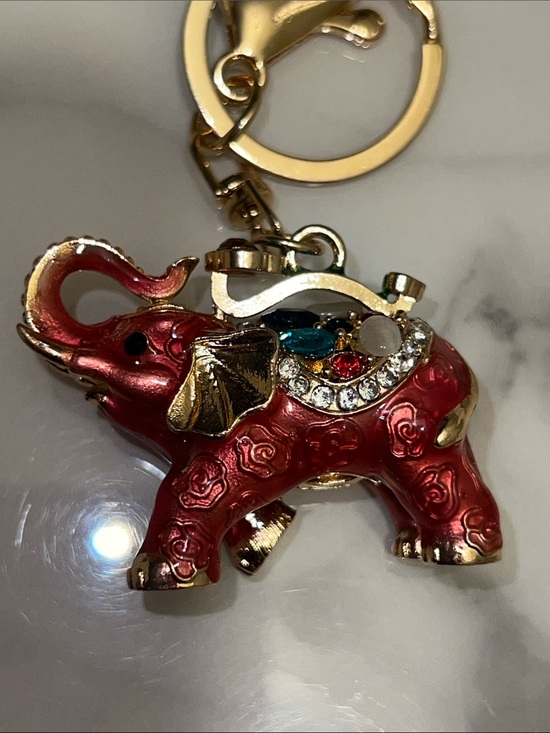 Accessories - Gold Tone Elephant Bag Charm with Red and Green Enamel & Multicolor Gems